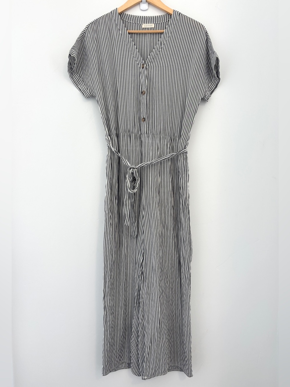 Böhme Striped V-Neck Button Front Jumpsuit with Tie Waist - Black & White